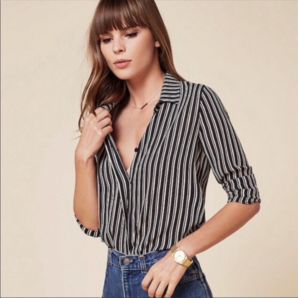 Reformation Black & White Vertical Stripe Button-Down Shirt